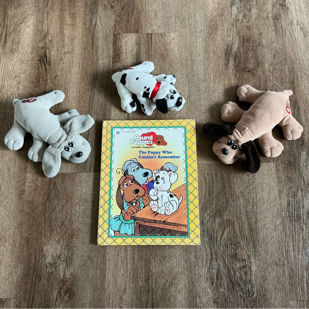 VTG Pound Puppies Lot with Hardcover Book Plush Stuff Mini Puppy Lot Tonka 1980s